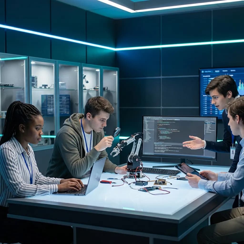 Students collaborating on robotics project in modern lab